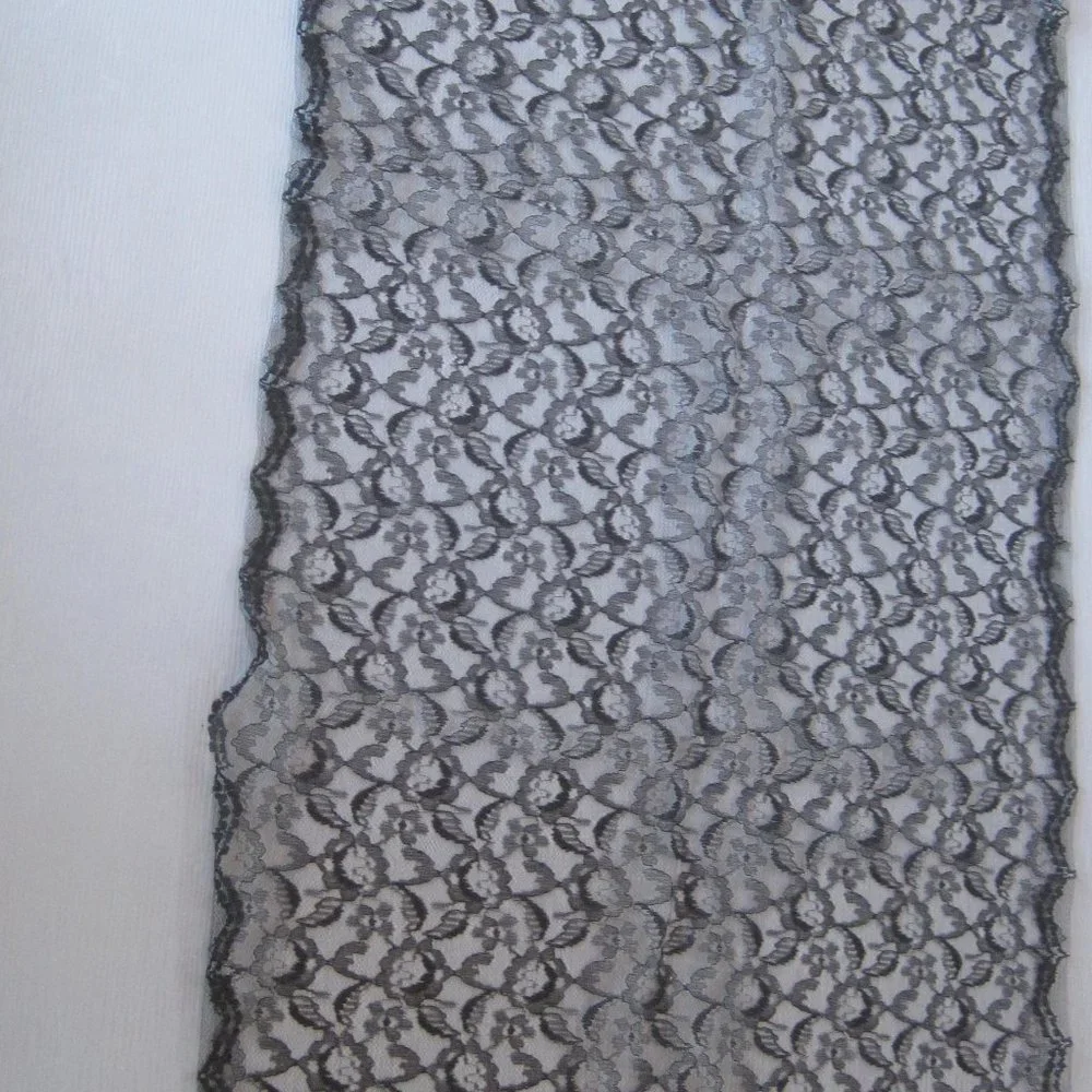Vintage Rectangular Black Lace Scarf with scalloped edge. 16